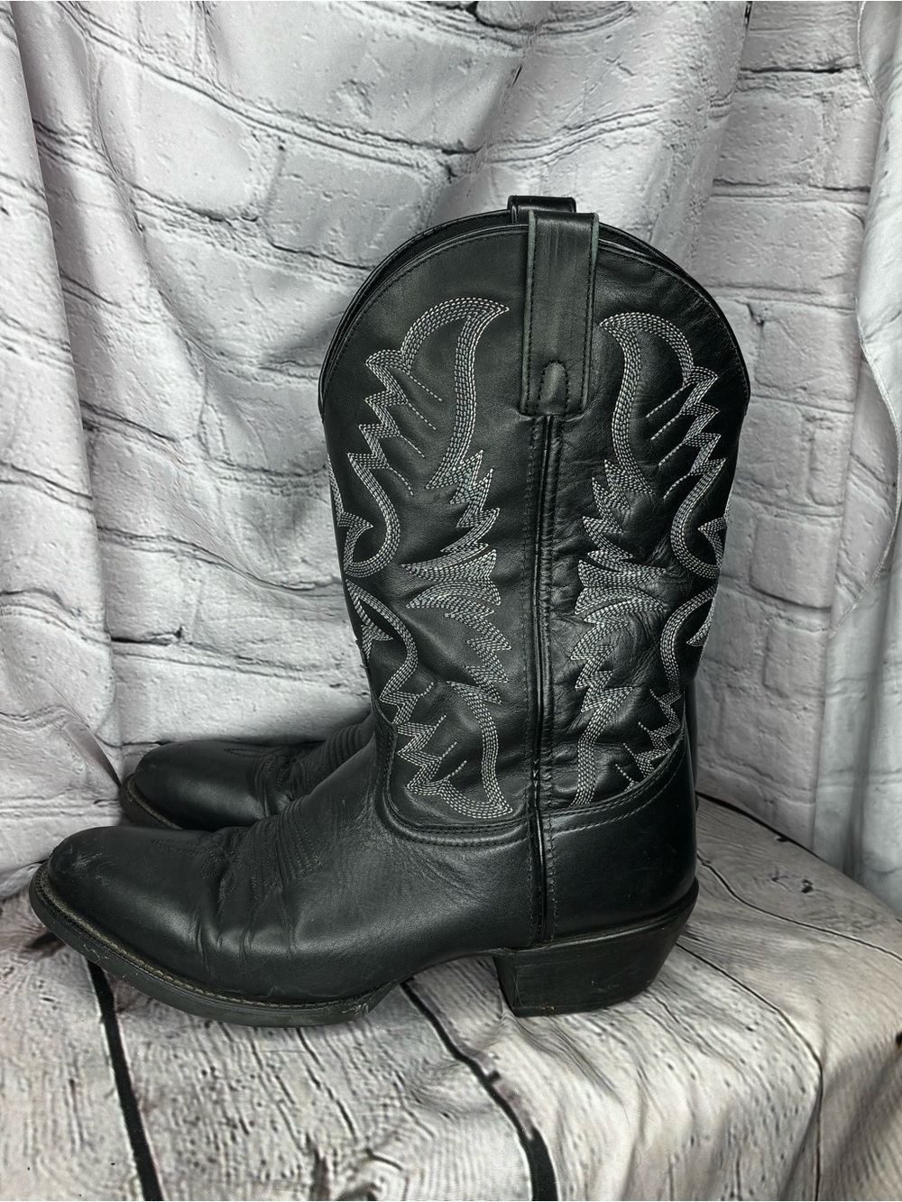Laredo Western Gothabilly Black Leather Cowboy Rocker Wing & Scroll Boots 9D GUC